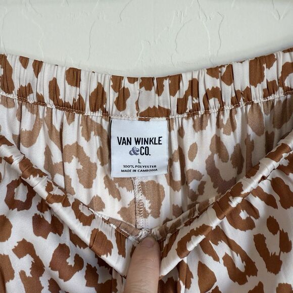 Van Winkle & Co Boho Brown Leopard Satin Wide Leg Pajama Set Large Animal Print - Picture 11 of 12